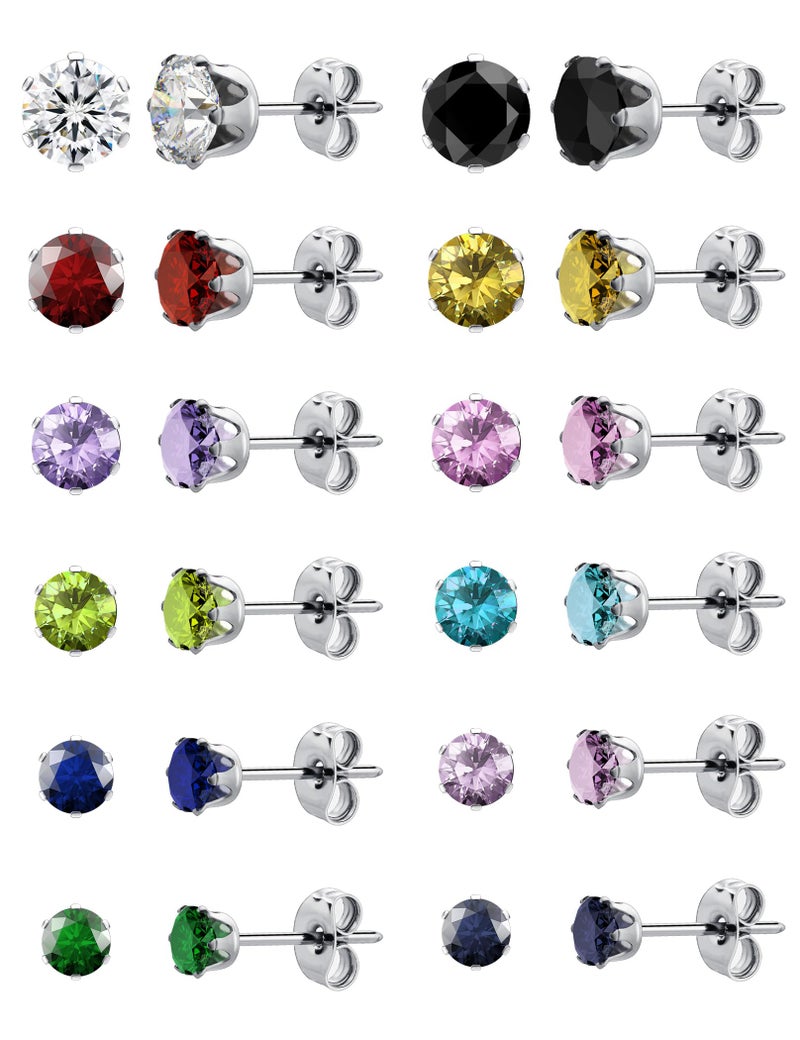 WSSXC 12 Pairs Silver Earrings - Surgical Steel Women's & Men's Hypoallergenic Earrings Set - 12 Colors Cubic Zirconia Studs - Image 1